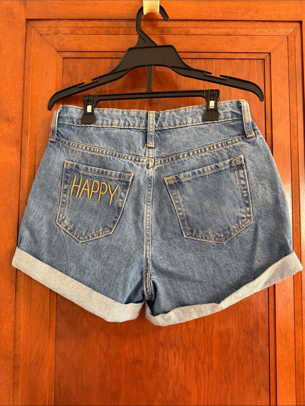 wild fable Light Blue Denim High-Rise Cuffed Shorts with HAPPY Back Pocket